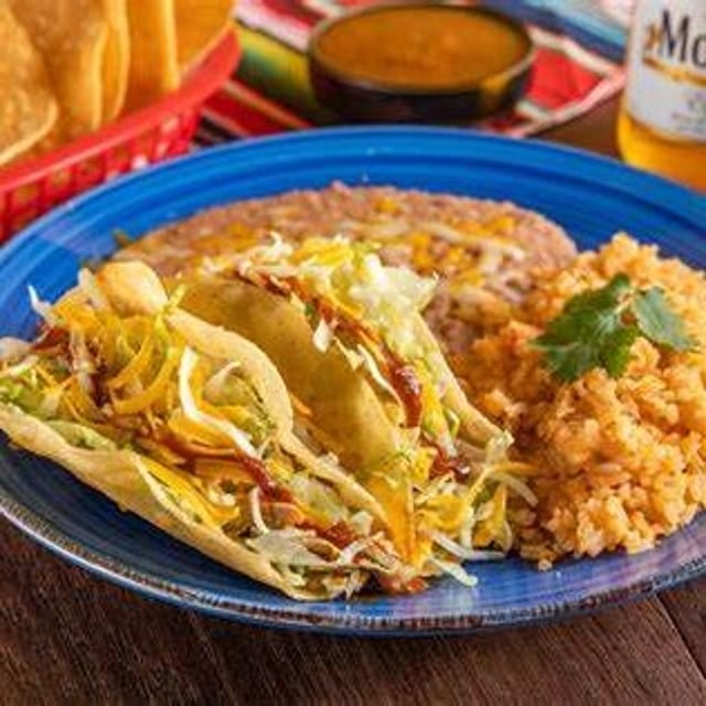 Two Tacos, Rice & Beans.