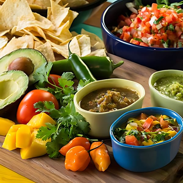 Mexican ingredients: avocados, tomatoes, peppers, cilantro, salsa, guacamole, and tortilla chips.