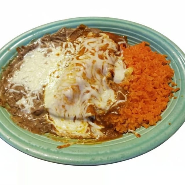 Two Chicken Enchiladas with Lettuce, Sour Cream, Rice & Beans.
