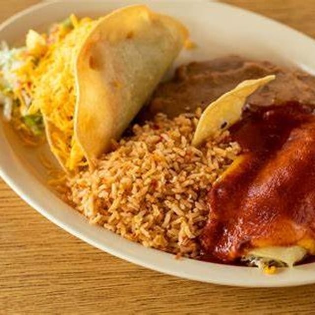 Taco, Enchilada, Beef & Cheese Tostada & Rice.