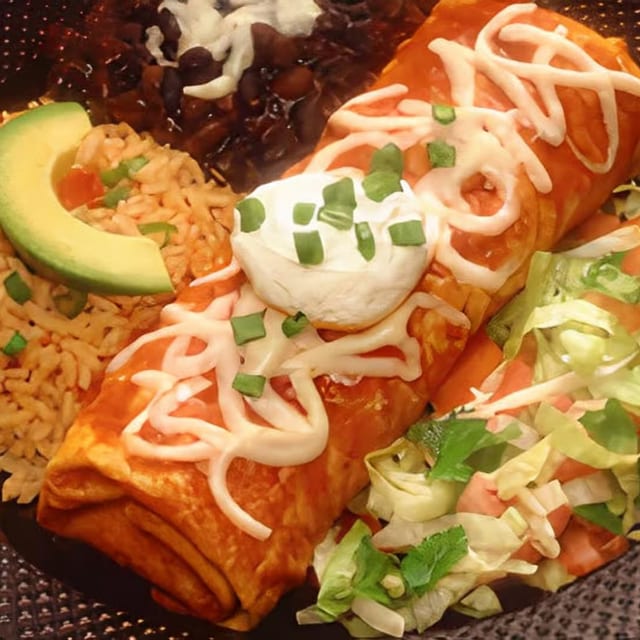 Two Burritos with Nacho Cheese, Rice & Beans.