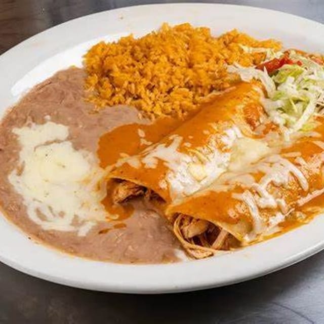 One Cheese & One Beef Enchilada, Rice & Beans.