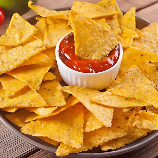 A plate of crispy tortilla chips with a white bowl of red salsa, one chip dipped in.