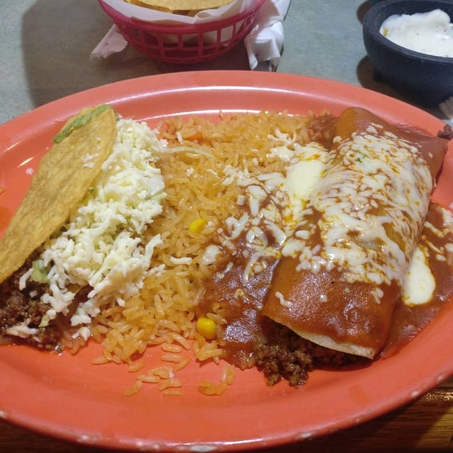 Enchilada, Taco, Rice & Beans.
